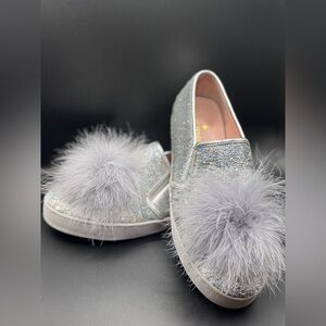 Kate Spade New York Glitter Slip-On Sneakers with Pom Poms –Silver Sparkle SZ8